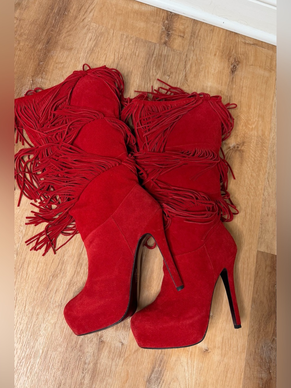 MOJO MOXY Women's Red Fringe Leather Platform Boots Stiletto Heel 8.5 - Picture 6 of 14